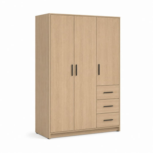 Armoire armoire rectangulaire en bois à 3 portes et 3 tiroirs, chêne clair et noir, 120 × 52 × 200 cm