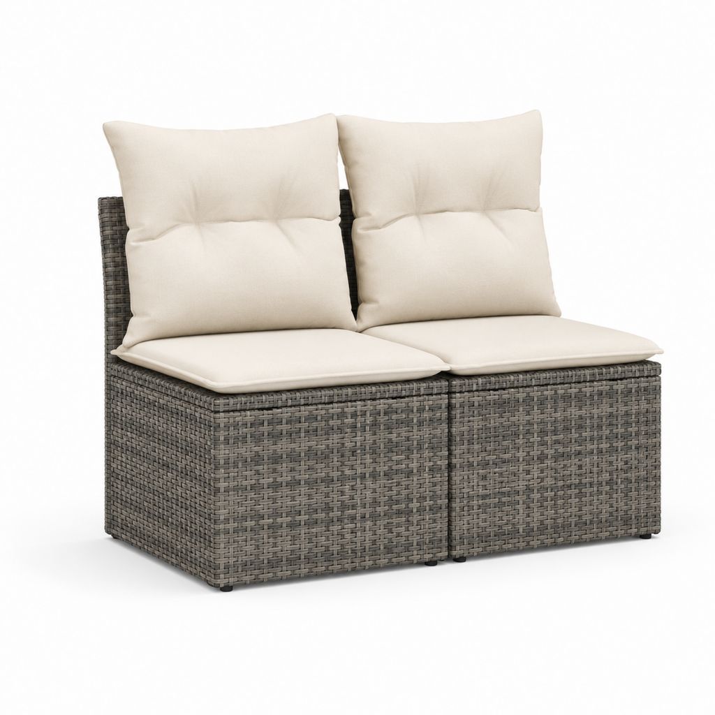Canapé de jardin à 2 places, ensemble de 2 modules en résine tressée PE gris avec coussins crème, 124 × 65 × 88 cm